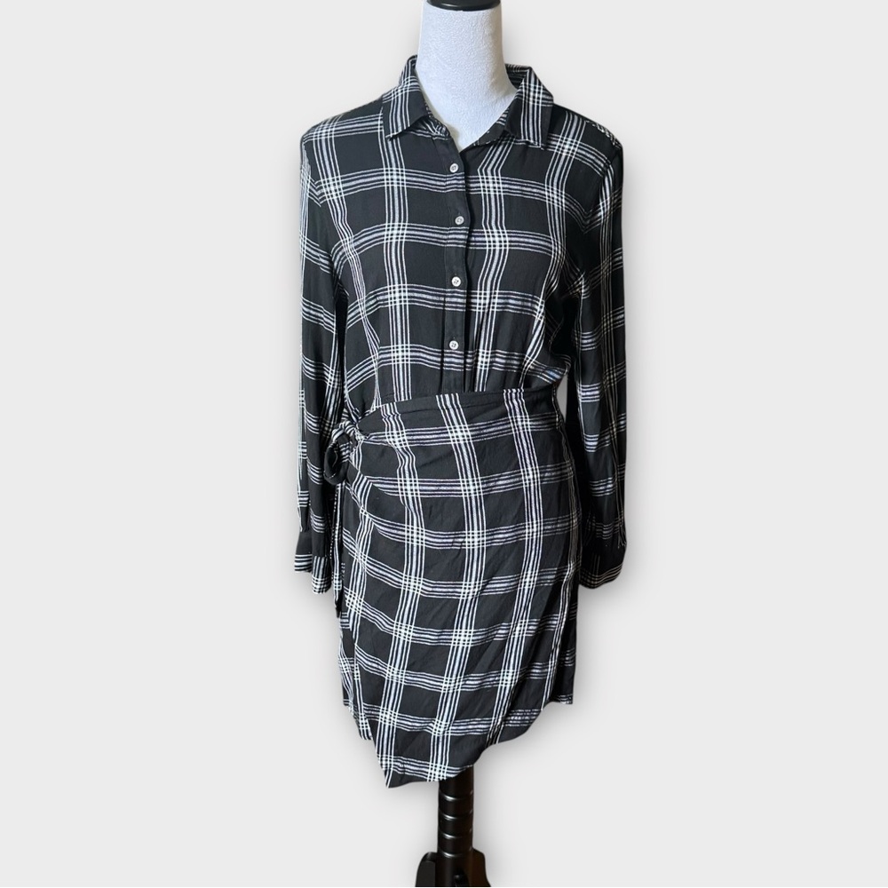 UNTUCKit Black Plaid Tessa Button Down Shirt Dress w Tie Wrap Skirt Women’s 10